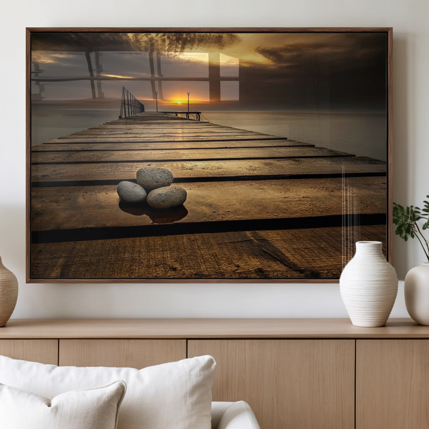 MGV-FP-36X24-3P - Stones on Wooden Pier at Sunset Canvas Print, Serene Coastal Wall Art, Beach Sunset Photography,