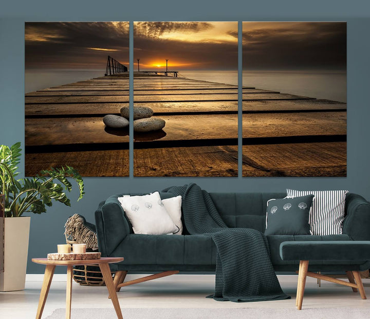 Stones on Wooden Pier at Sunset Wall Art Canvas