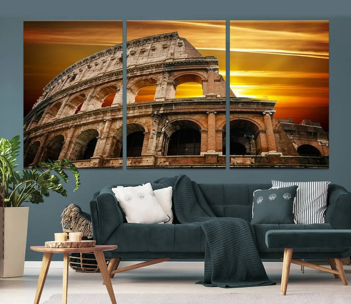 A three-panel canvas titled "Colosseum with Yellow Sunset Behind, Italy," protected with a UV-coating, is elegantly displayed.