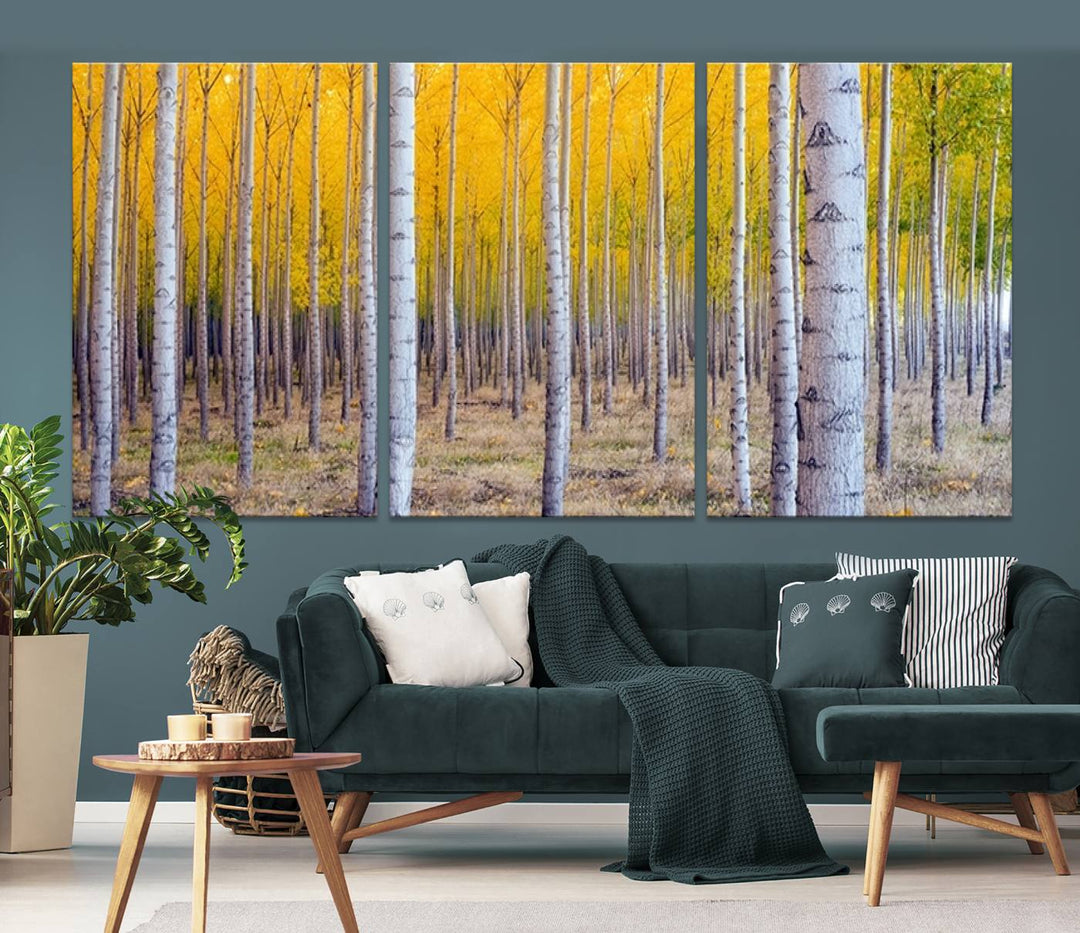 Impresión artística de pared con bosque de abedules en otoño