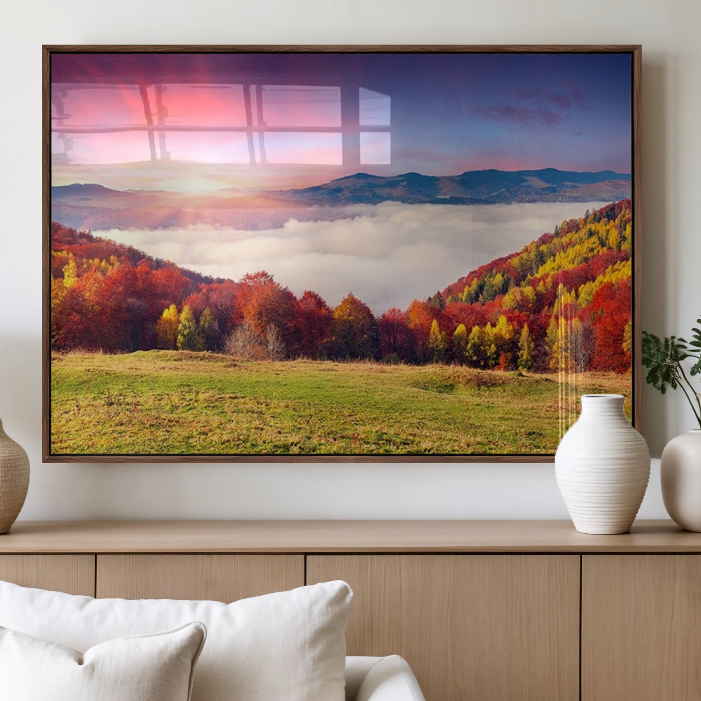 MGV-FP-36X24-3P - Autumn Mountain Foggy Landscape Wall Art Canvas Print | Beautiful Forest Canvas Print | Misty