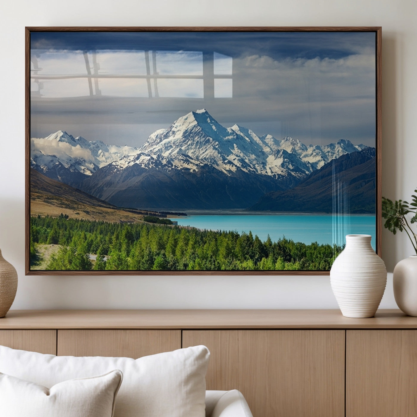 MGV-FP-36X24-3P - Mount Cook and Lake Pukaki Canvas Wall Art Print – Majestic Snow-Capped Peaks and Serene Lake Wall