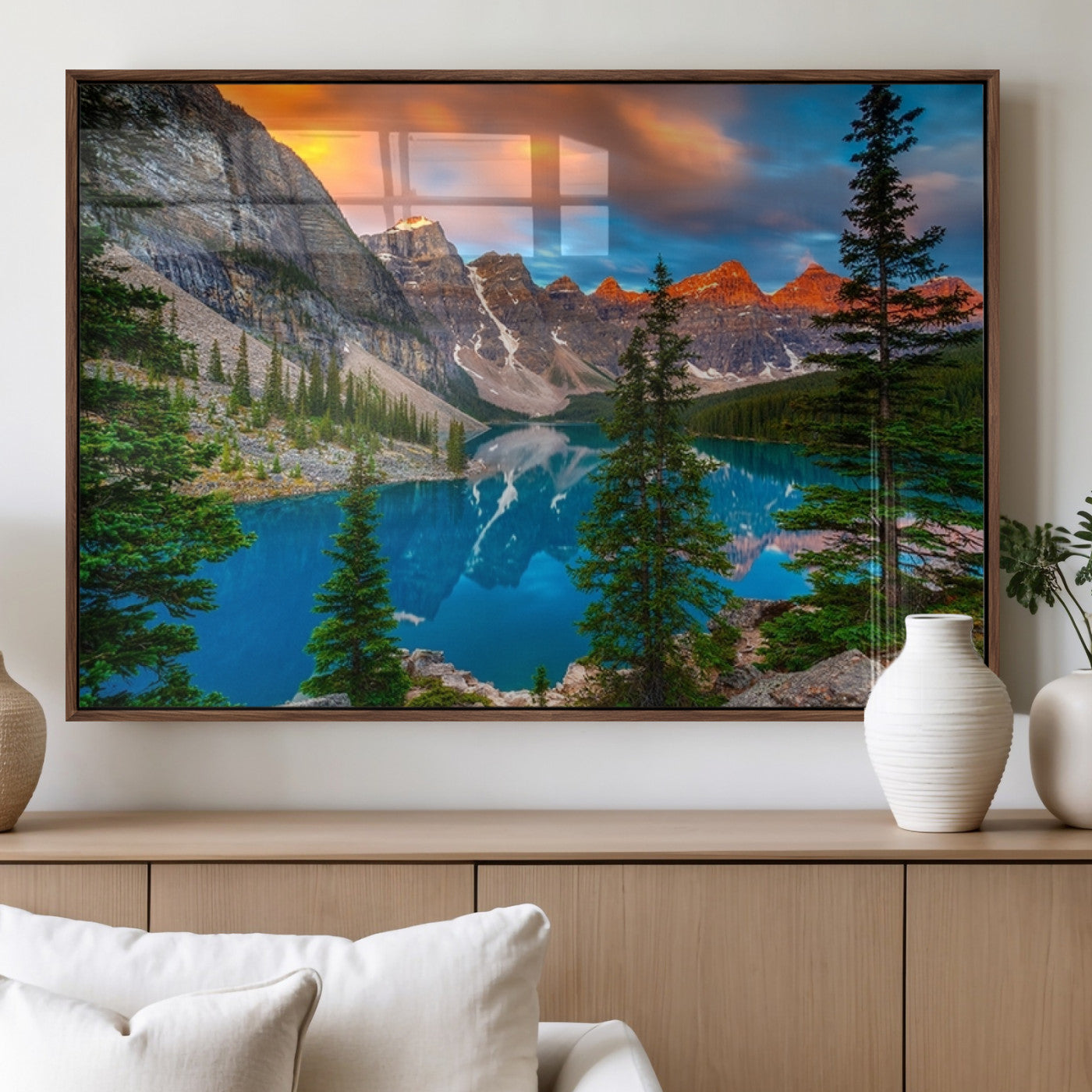 MGV-FP-60X30-3P - Canadian Rockies Moraine Lake Wall Art Canvas Print, Pine Trees Mountain Spring Canvas Print