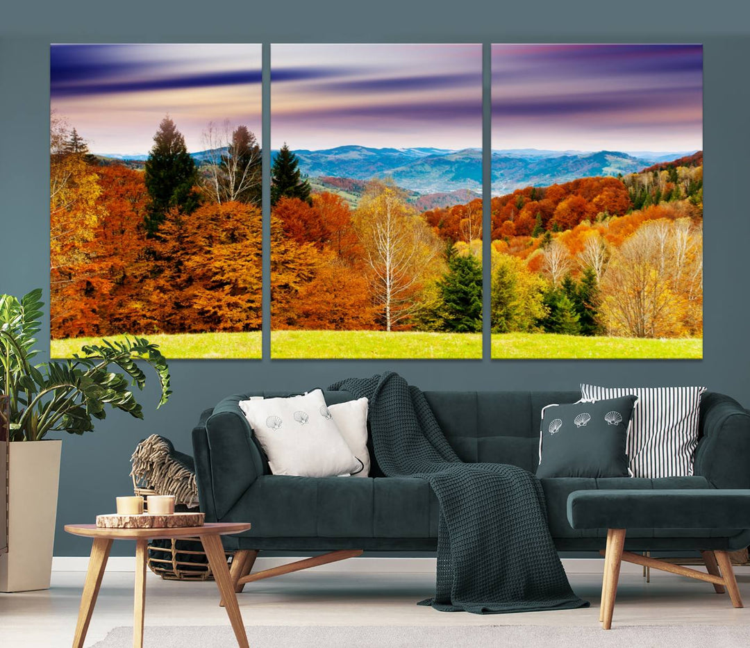 Autumn Colorful Forest Blue Mountains and Purple Sky at Sunset Wall Art Canvas Print