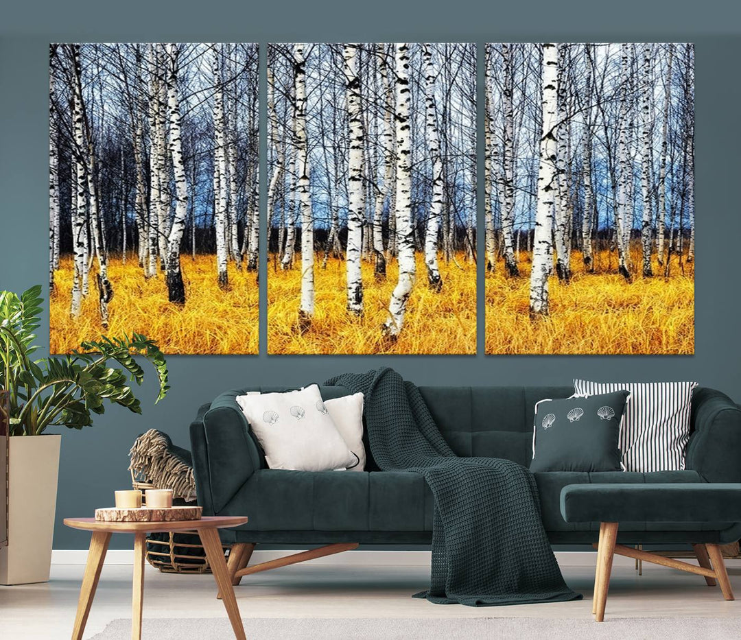 Impression d’art mural de bouleaux, art mural paysage, impression sur toile, arbres sans feuilles sur fond jaune