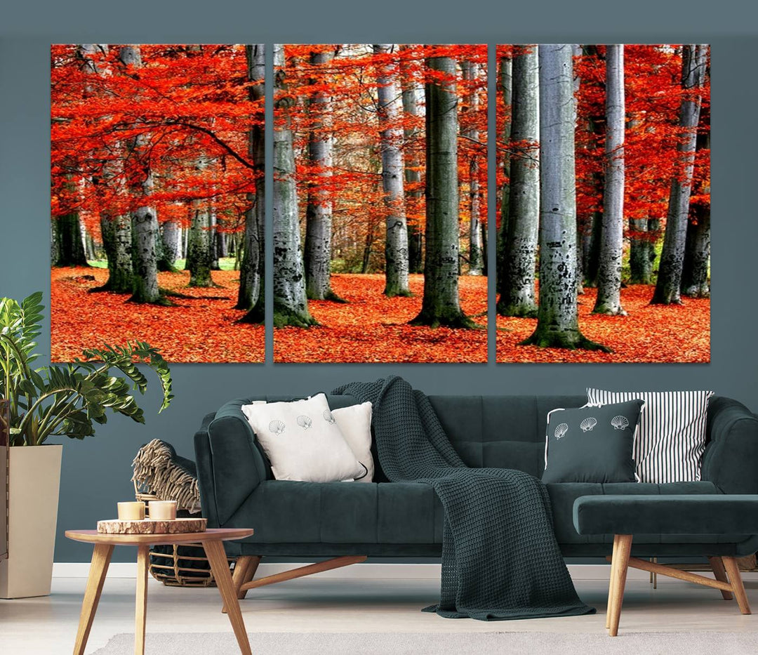 Impression sur toile de paysage d'art mural, feuilles rouges sur des arbres sur fond rouge