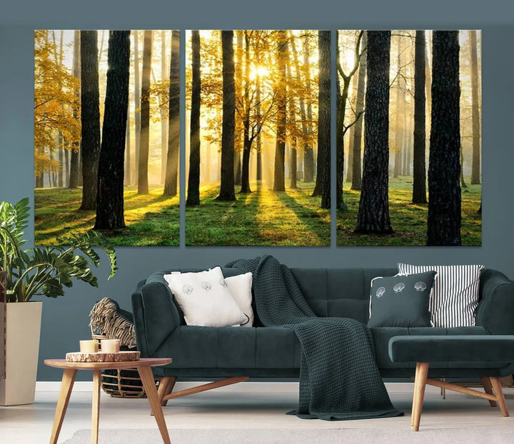 The living room is enhanced by the "Wall Art Landscape Canvas Print Tall Trees in Forest at Sunset" on museum-quality canvas. This triptych, complete with a UV-protective coating, is ready to hang and adds an artistic touch to the space.