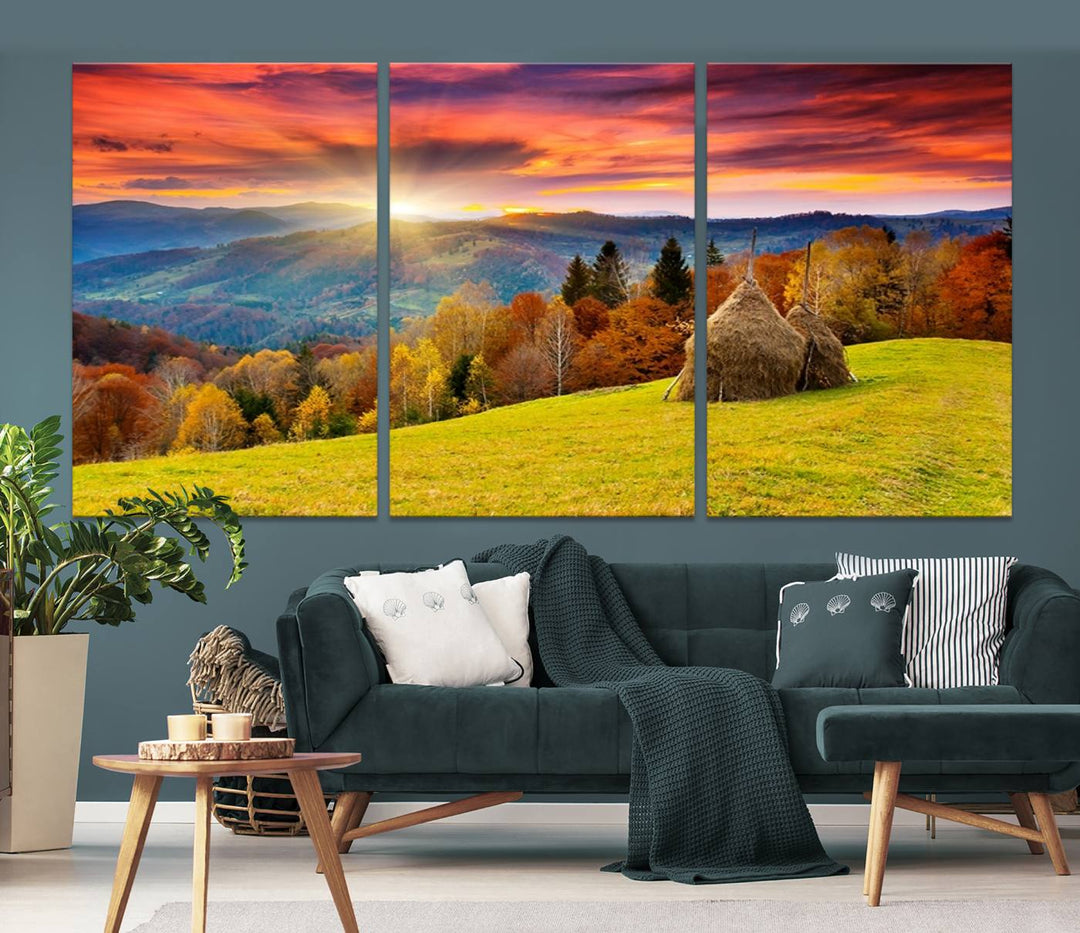 Impression sur toile de paysage d'art mural, tous les tons de vert au coucher du soleil