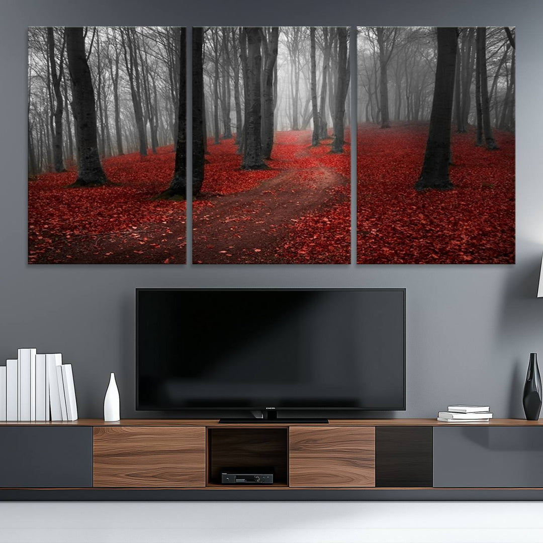 Wonderful Forest artwork: Triptych with red leaves, ideal for nature lovers.