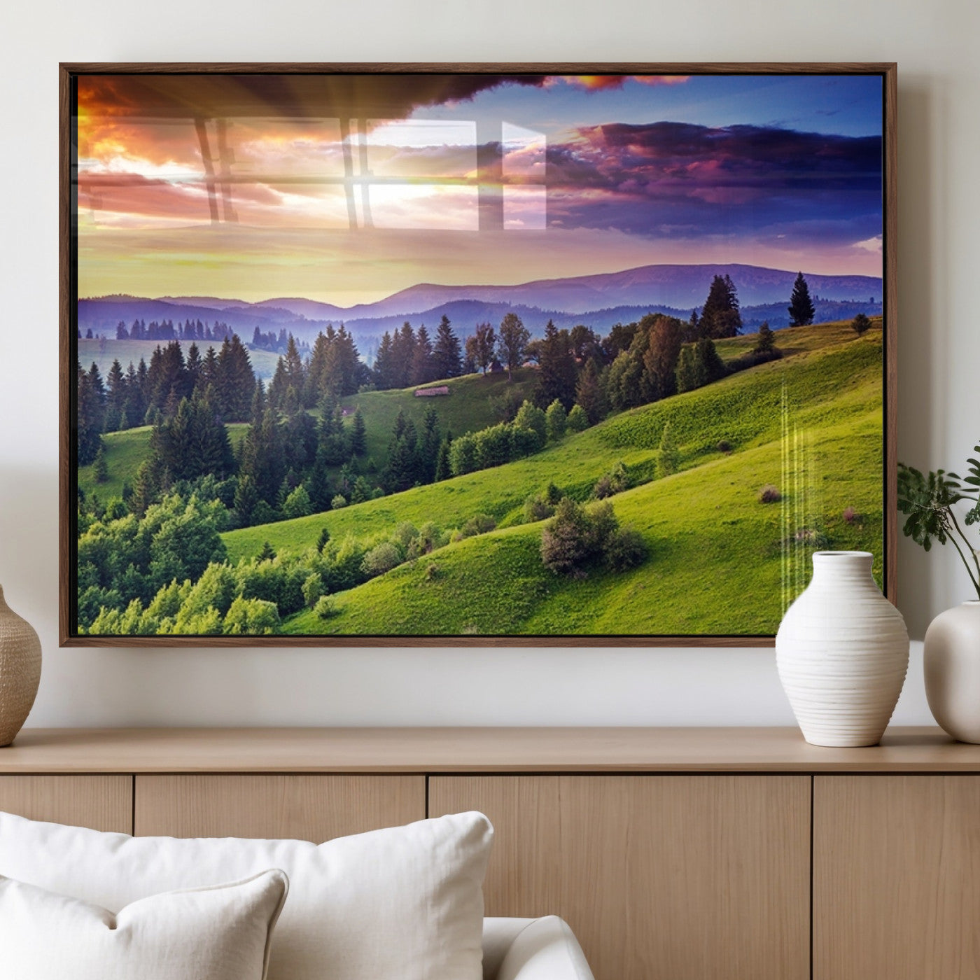 MGV-FP-36X24-3P - Green Hills and Sunset Wall Art Print - Scenic Landscape with Lush Greenery and Vibrant Sky, Ready