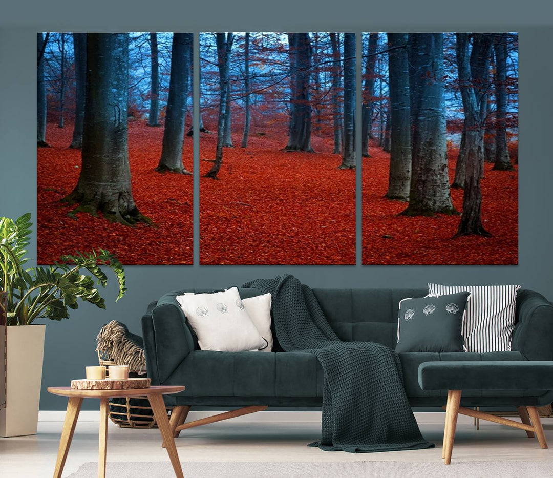 Impression sur toile de paysage d'art mural, feuilles rouges dans la forêt bleue