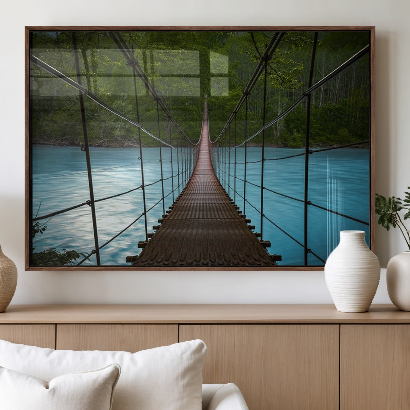 70229-MGV-FP-60X30-3P_Walnut-Suspension Bridge Over River Canvas Art | 3-Panel Nature Photography | Scenic Wall Art for Living