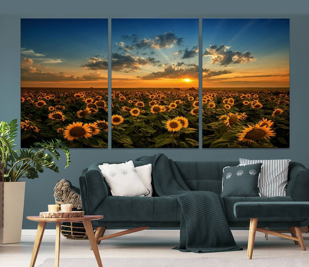 Toile d’art mural avec champ de tournesol et coucher de soleil