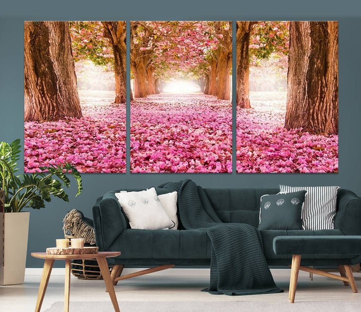 Blossom Cherry Canvas Print Walking on Pink Flowers Between Trees