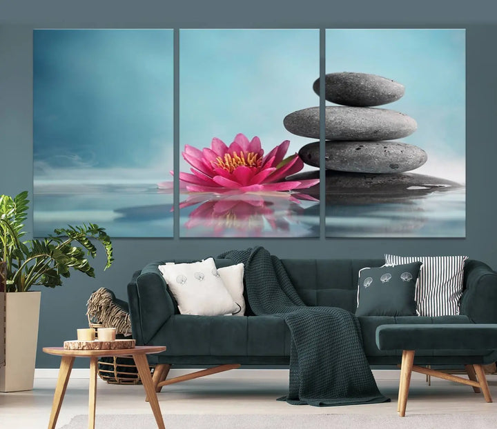 The Zen Serenity Triptych Canvas Art, featuring a lotus flower and balancing stones, perfectly captures tranquility with its serene water lily print.