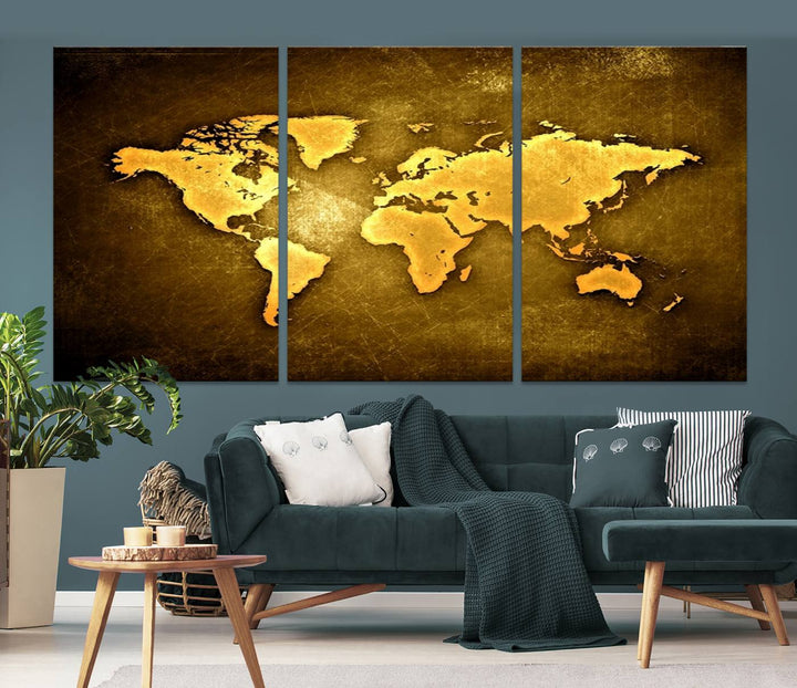 A Yellow World Map on a Metallic Yellow Background adorns the wall, arriving ready to hang and effortlessly infusing an elegant touch into your living space.