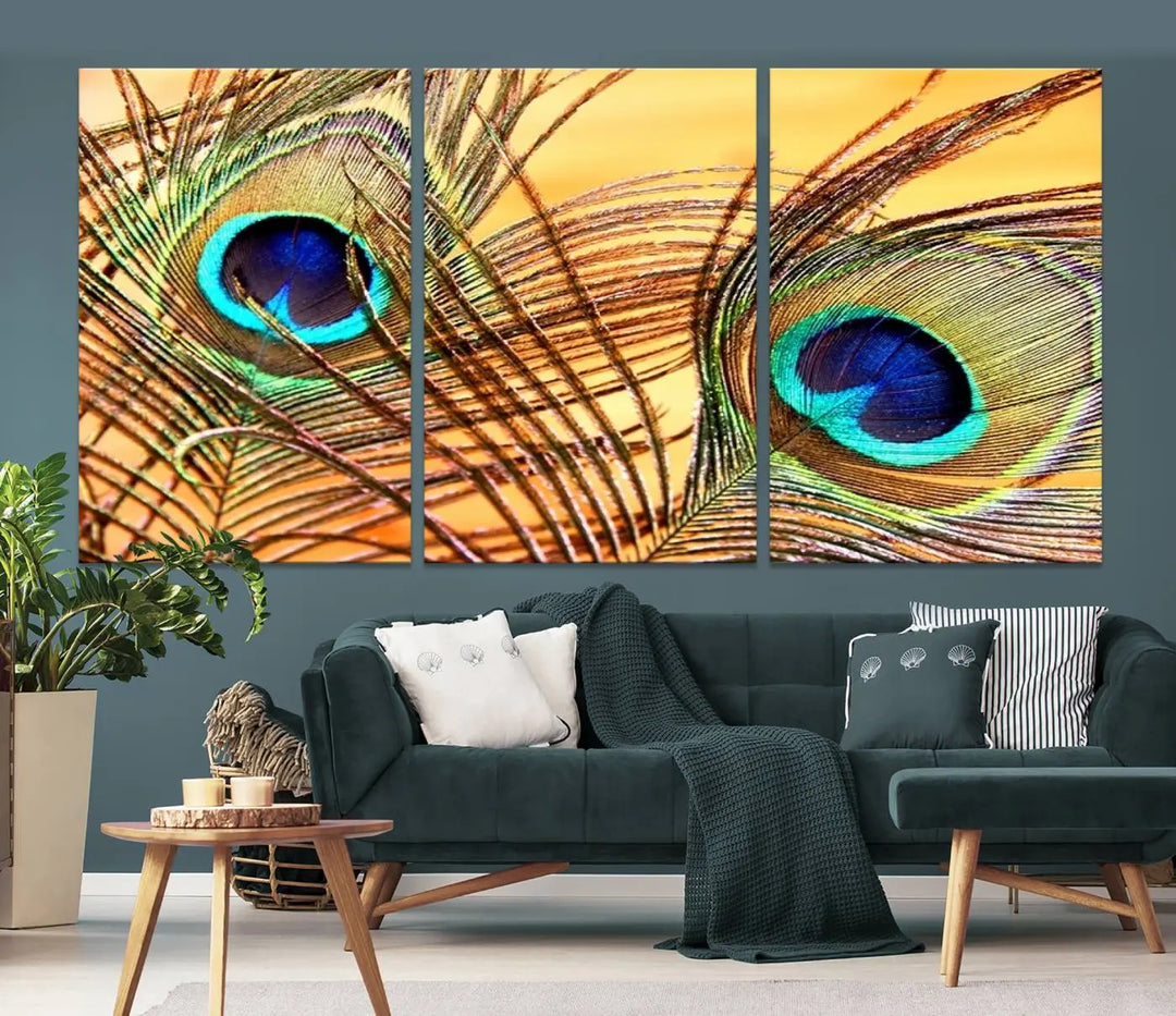 The Peacock Feather Wall Art Print, showcasing a vibrant green, blue, and orange feather design and ready to hang, adorns the space.