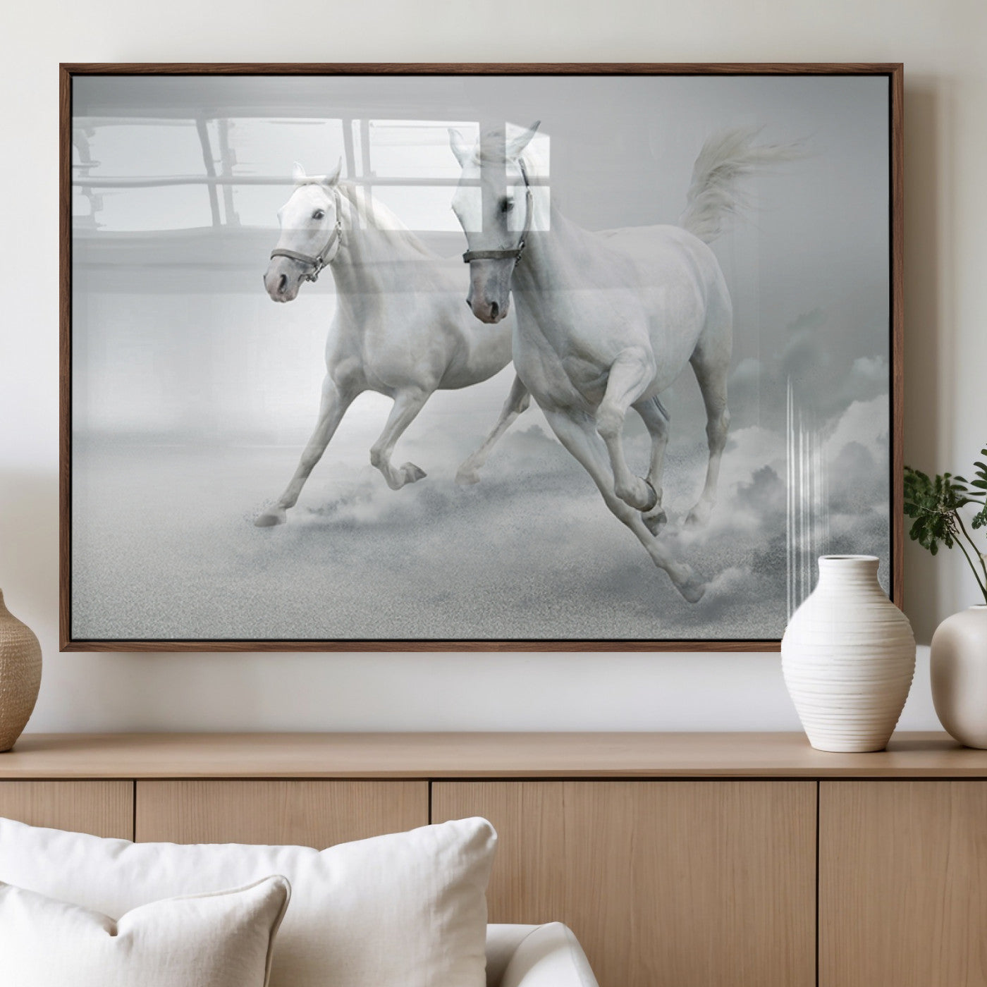 MGV-FP-60X30-3P - Large Wall Art Animal Canvas Print - Beautiful Running White Horses