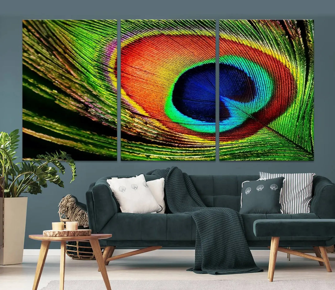 The living room features the "Colorful Peacock Feather Wall Art Print," showcasing a vibrant green, blue, and orange design elegantly displayed above a modern sofa.