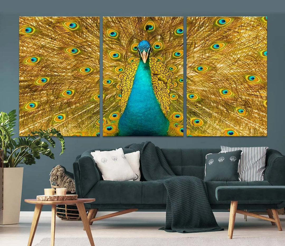 The Peacock Wall Art Canvas Print, featuring a vibrant triptych design of a peacock with intricate feather details and printed on museum-quality canvas with UV-protective coating, brings an artistic flair to the elegant space. Ready to hang, it enhances the modern living room with its striking presence.