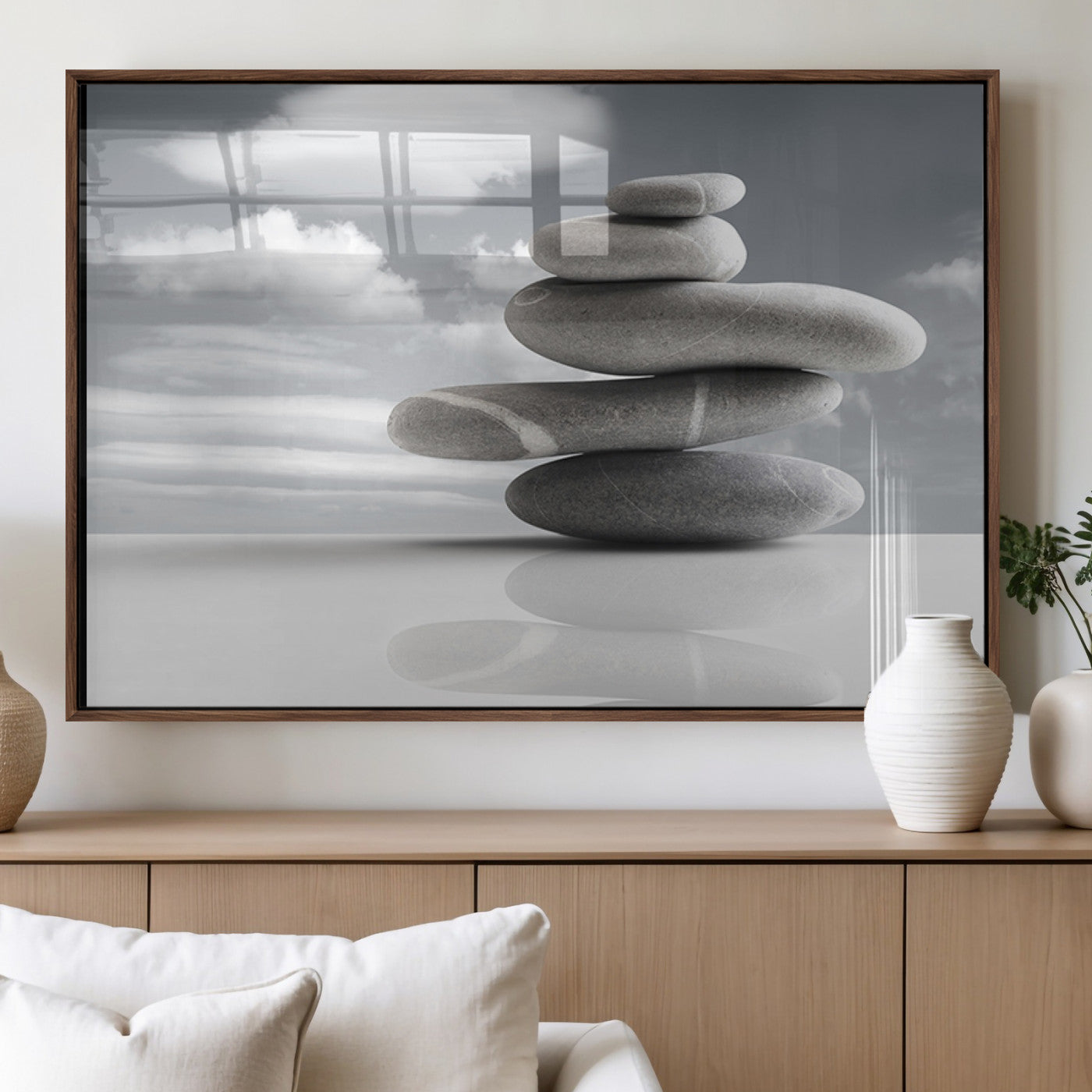 MGV-FP-60X30-3P - Still Life Black and White Zen Stones Wall Art Canvas, Framed Black and White Zen Stones Canvas