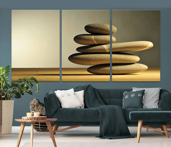 The "Yellow Zen Stones on Yellow Background Wall Art Yoga Zen Artwork," a professionally hand-assembled framed photo with UV-protective coating, is displayed on the wall.