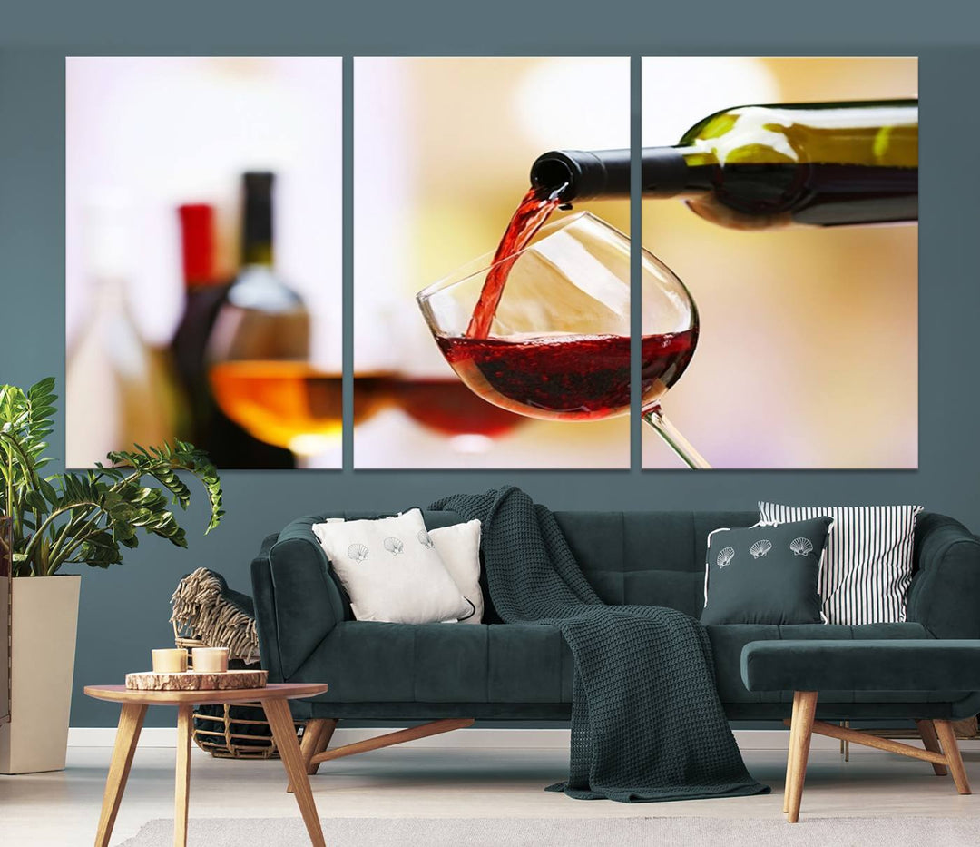 The Filling Red Wine into Glass Red Wine Canvas Print showcases a wine bottle pouring red wine into a glass. This scene, captured on museum-quality canvas, promises timeless elegance and comes with free shipping for effortless delivery to your doorstep.