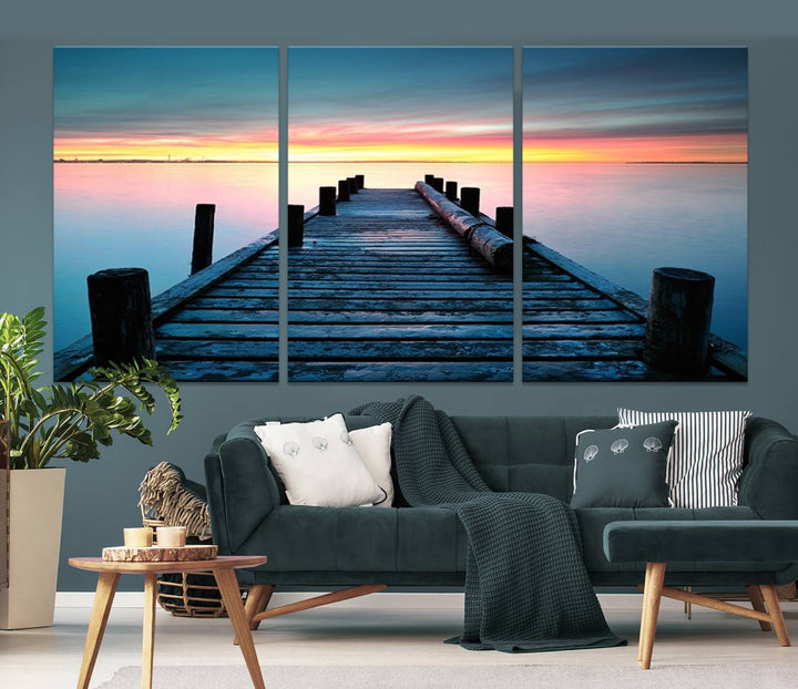 Wall Art Vintage Wooden Pier on Sea at Sunset Canvas Print