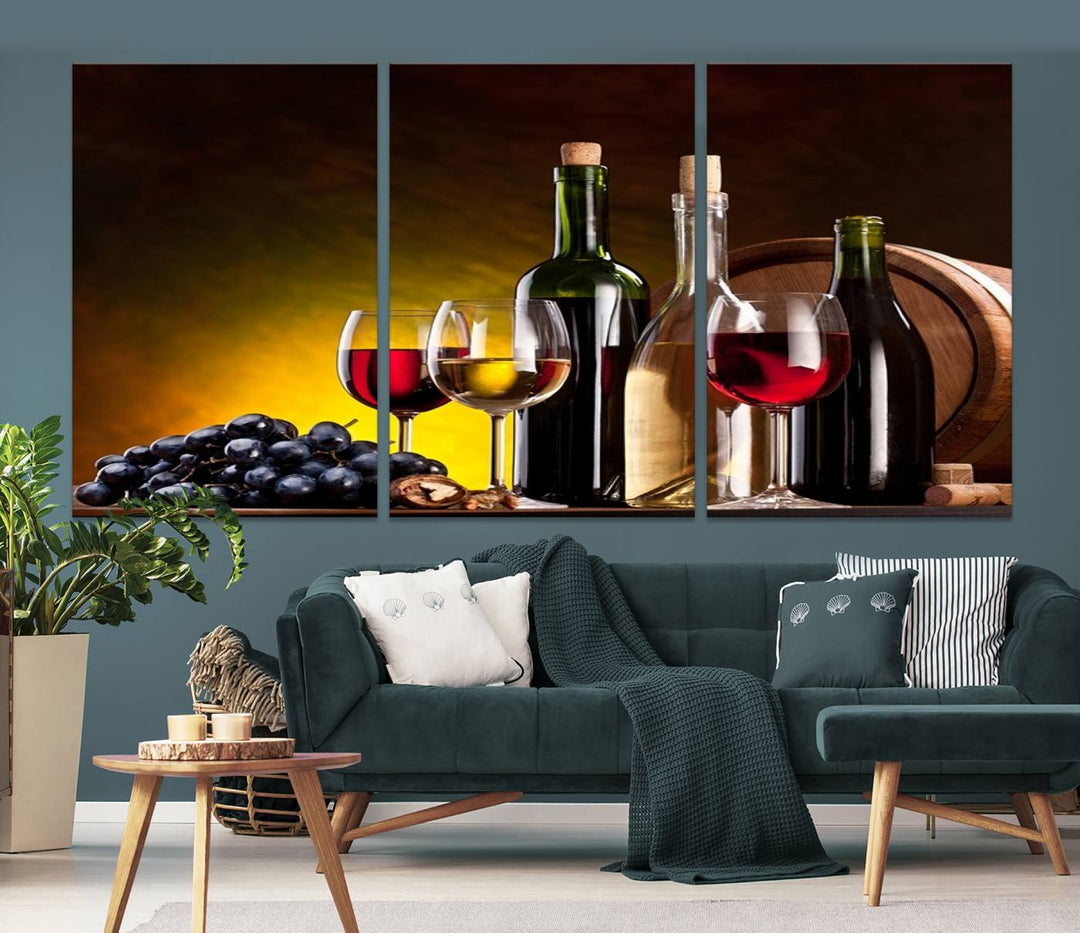 The "Red and White Wine Canvas Print" is a multi-panel design displaying bottles and glasses, adding a professional craftsman's touch to the living room.