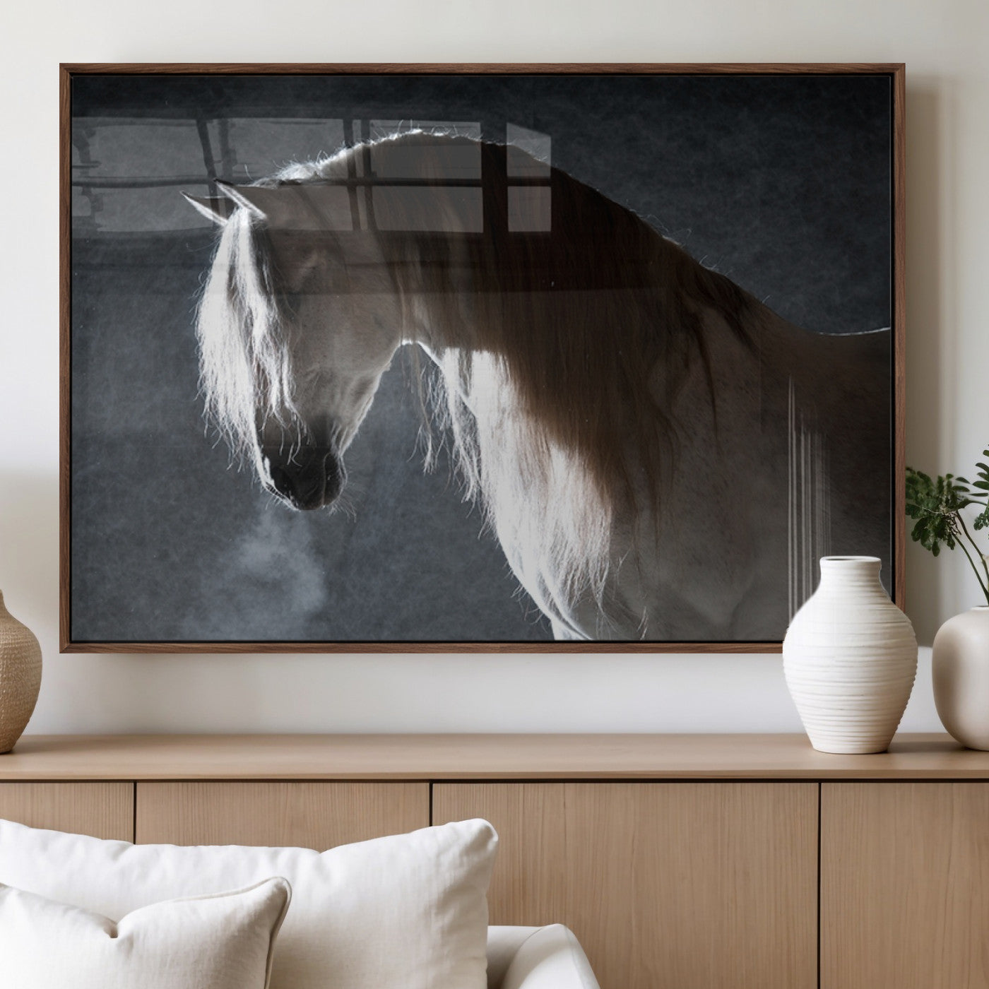 MGV-FP-60X30-3P - Large Wall Art Cream Colored Horse on Grey Background Canvas Print