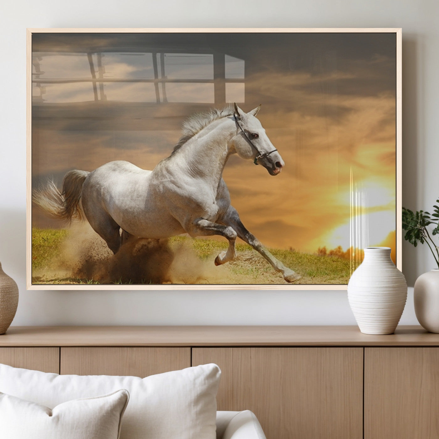 MGV-FP-60X30-3P - Large Wall Art Galloping White Horse at Sunset Canvas Print
