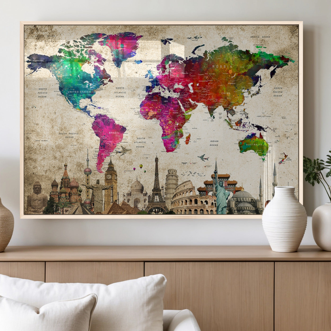 MGV-FP-36X24-3P - Push Pin World Map Canvas Print – Framed Wall Art for Couples to Track Their Travels – Anniversary