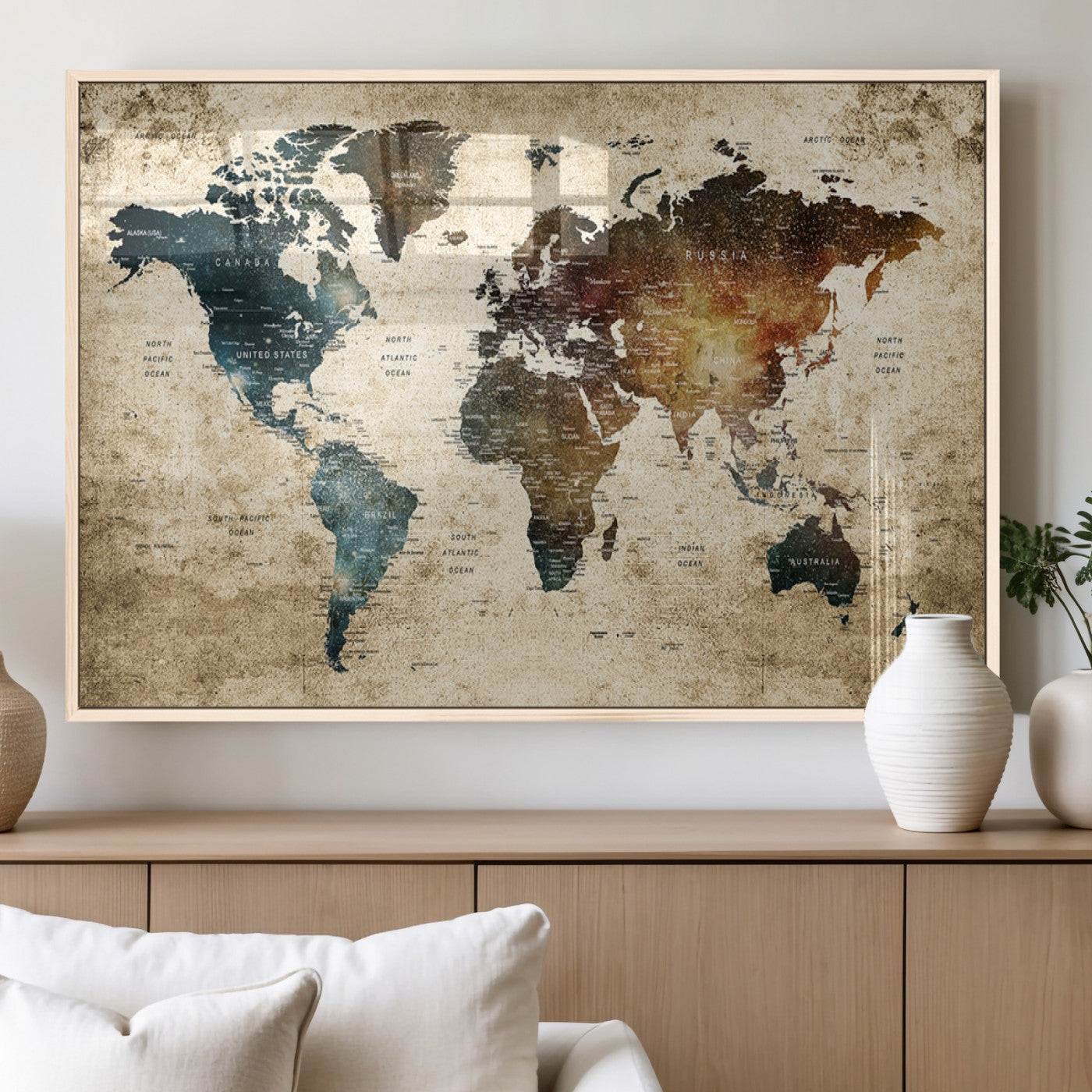 MGV-FP-60X30-3P - Push Pin World Map Canvas Print – Framed Wall Art for Couples to Track Their Travels – Anniversary