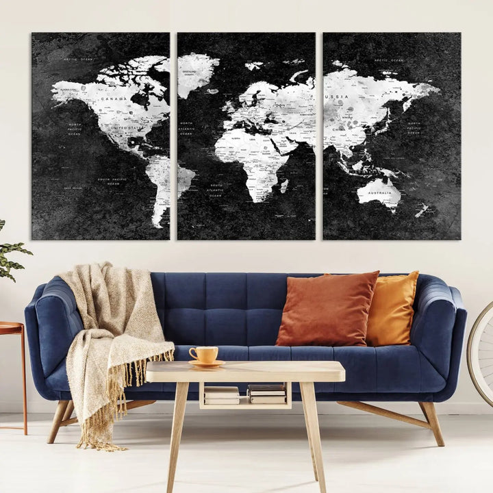 Modern Grayscale World Map 3-Panel Canvas Art | Ready to Hang, Framed | Stylish Minimalist Wall Décor for Home, Office, Living Room, or Study Spaces 