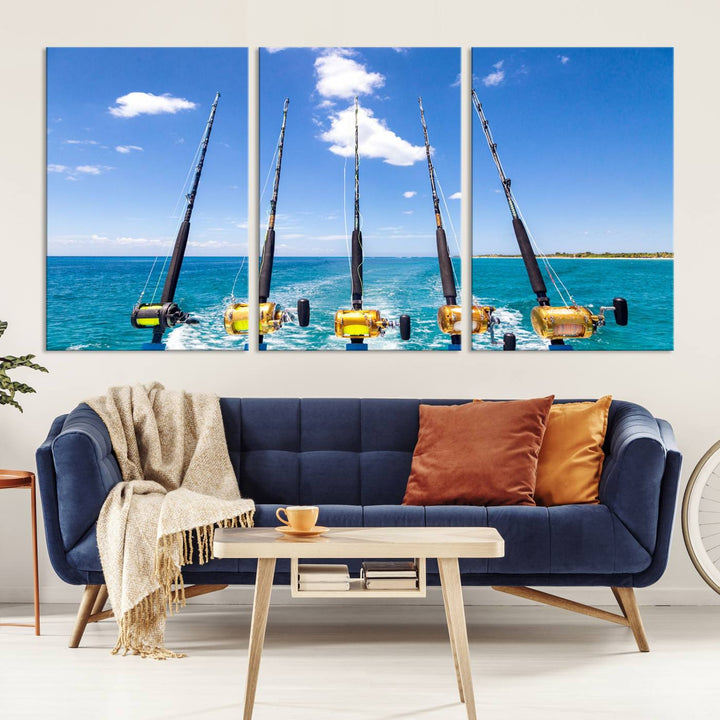 Fishing Roads on Boat Canvas Wall Art Print Ocean Seascape Art Print