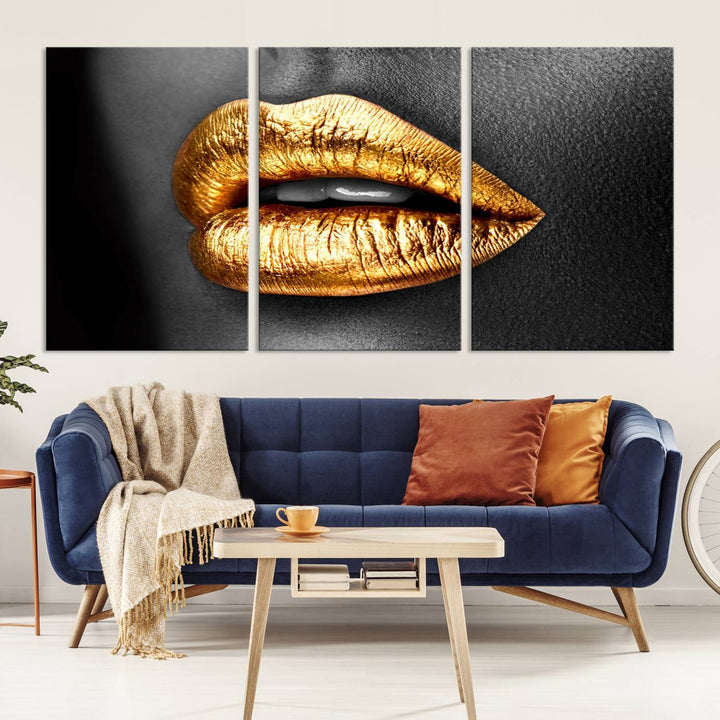 Gold Lips Canvas Wall Art Print Makeup Wall Art Fashion Beauty Canvas Print