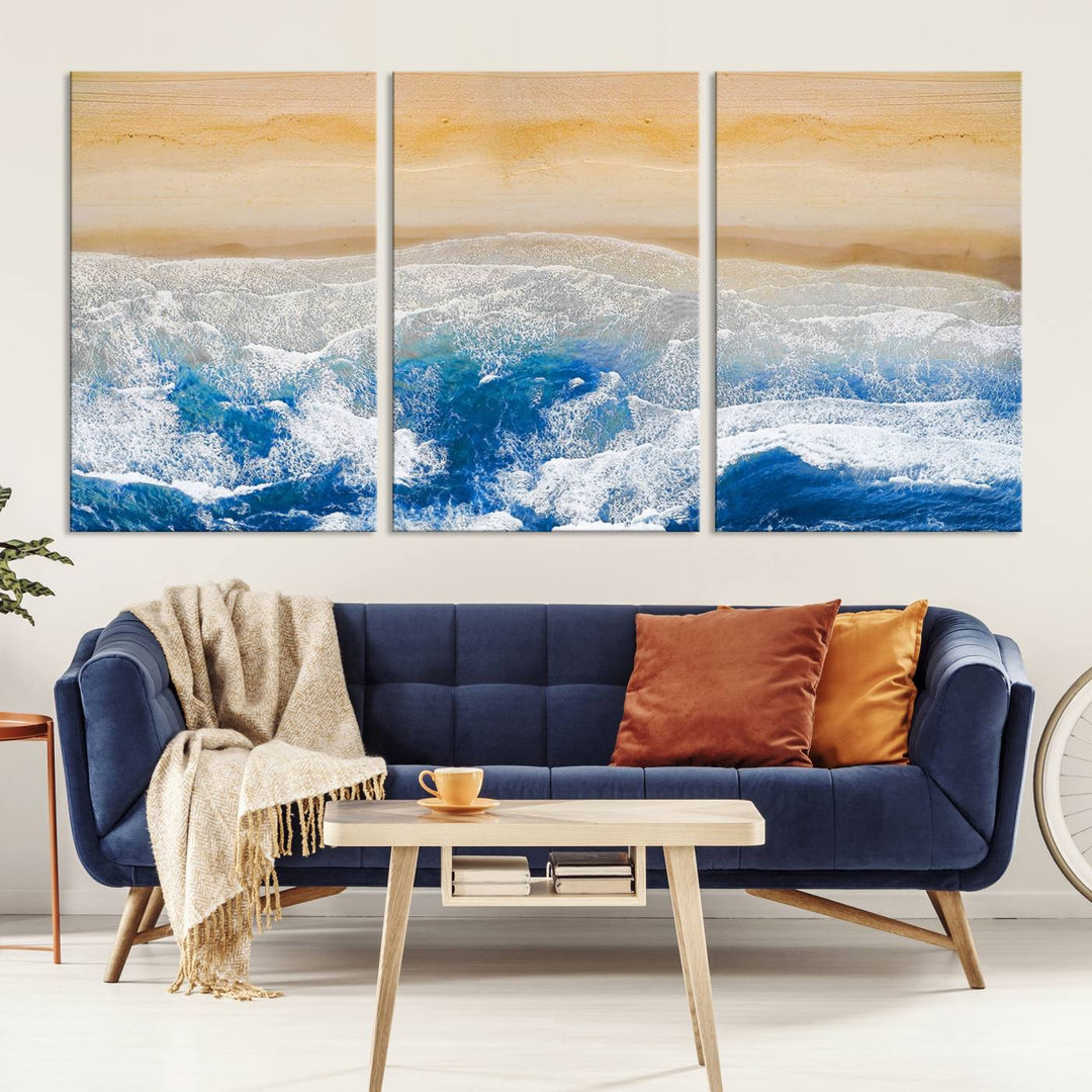 Maravilloso lienzo de playa aérea, impresión artística de pared, paisaje de playa, arte oceánico, pintura abstracta grande, lienzo original enmarcado listo para colgar obras de arte para sala de estar, cocina, dormitorio, decoración del hogar