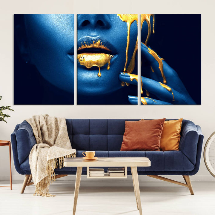 Neon Blue Gold Lips Photography Canvas Wall Art Print Fashion Art Beauty