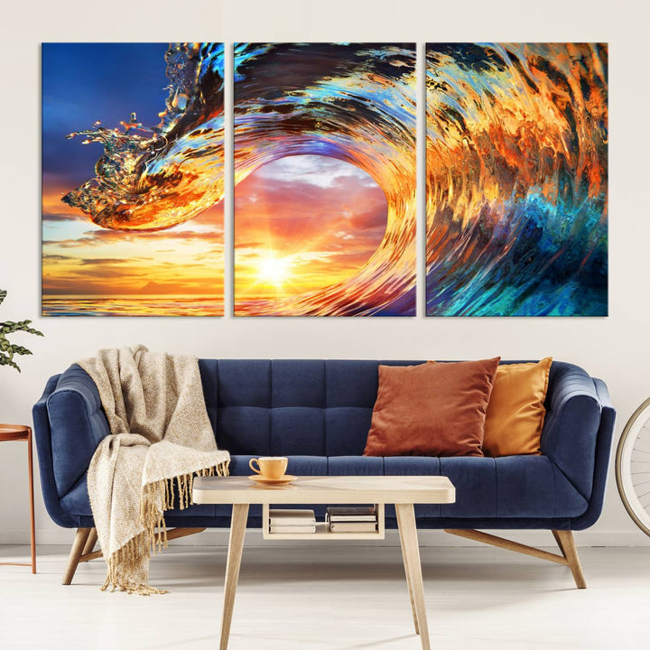 Wave Canvas Wall Art – Multi-Panel Sunset Ocean Scene – Bold and Vibrant Decor for Living Room or Office – Ready to Hang