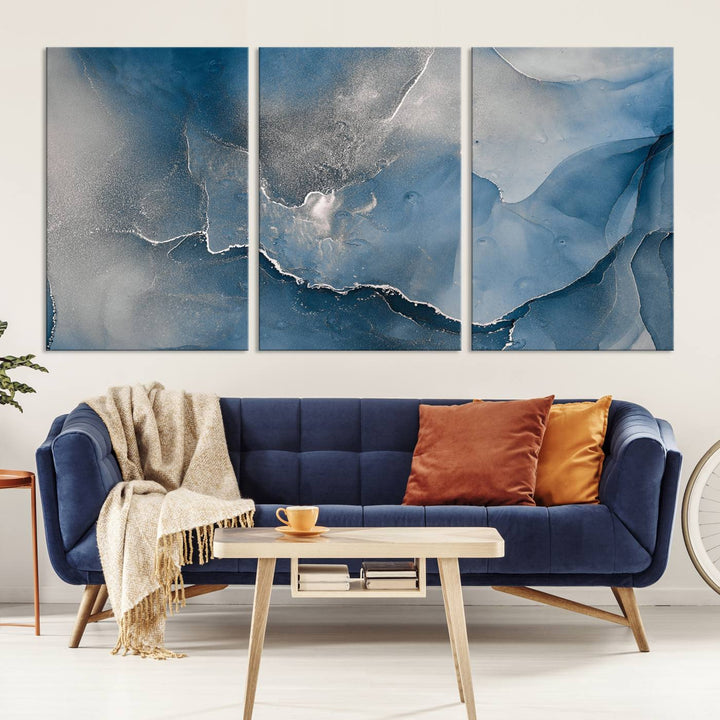 Blue Gray Marble Fluid Effect Wall Art Abstract Canvas Wall Art Print