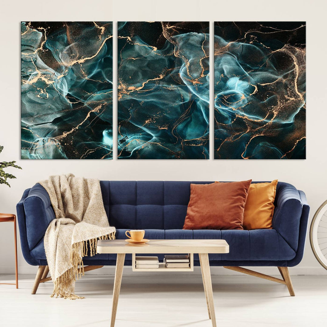 Neon Blue Marble Smokey Effect Wall Art Abstract Canvas Wall Art Print