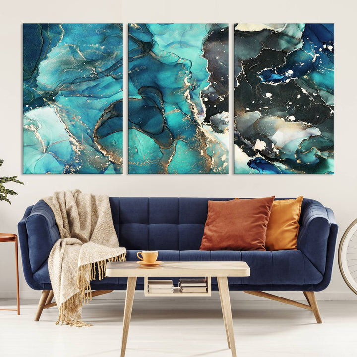 Stylish Teal Color Gold Abstract Canvas Wall Art Print