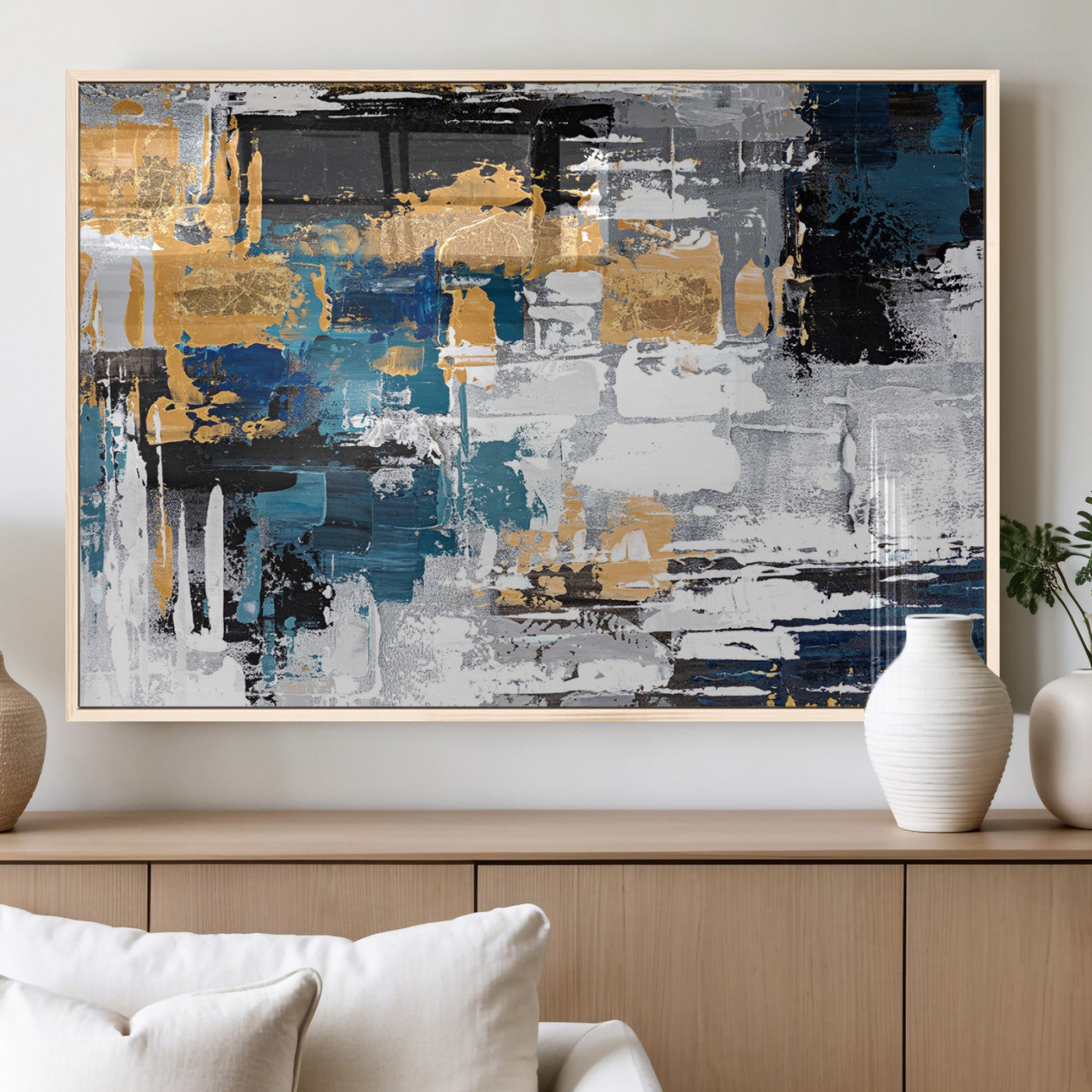 57708-MGV-FP-60X30-3P_Natural-Blue and Gold Abstract Canvas Wall Art – Triptych Modern Painting for Living Room – Framed and Ready to Hang