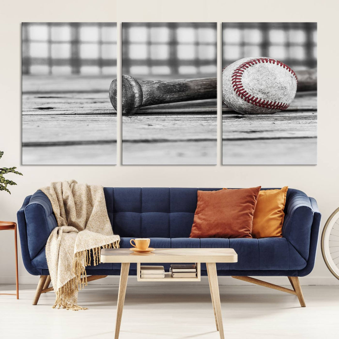 Lienzo de béisbol vintage para pared, impresión de béisbol, arte imprimible, arte retro, deportes, arte de pared, impresión en lienzo grande, varias piezas enmarcadas listas para colgar, juego de 3 paneles de lienzo, fotografía en blanco y negro