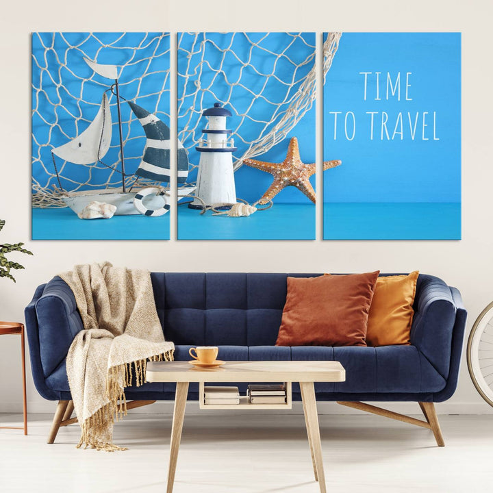 Sailing Boat Starfish and Lighthouse Wall Art Canvas Print