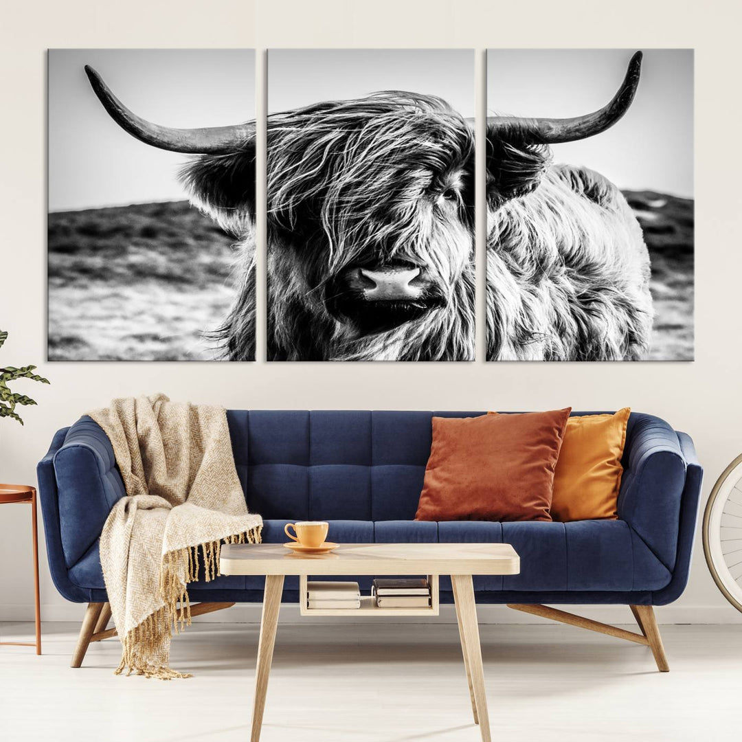 Highland Cow Wall Art | 3-Panel Black and White Highland Cow Canvas Print for Western Farmhouse Decor | Large Framed Giclee Canvas for Living Room