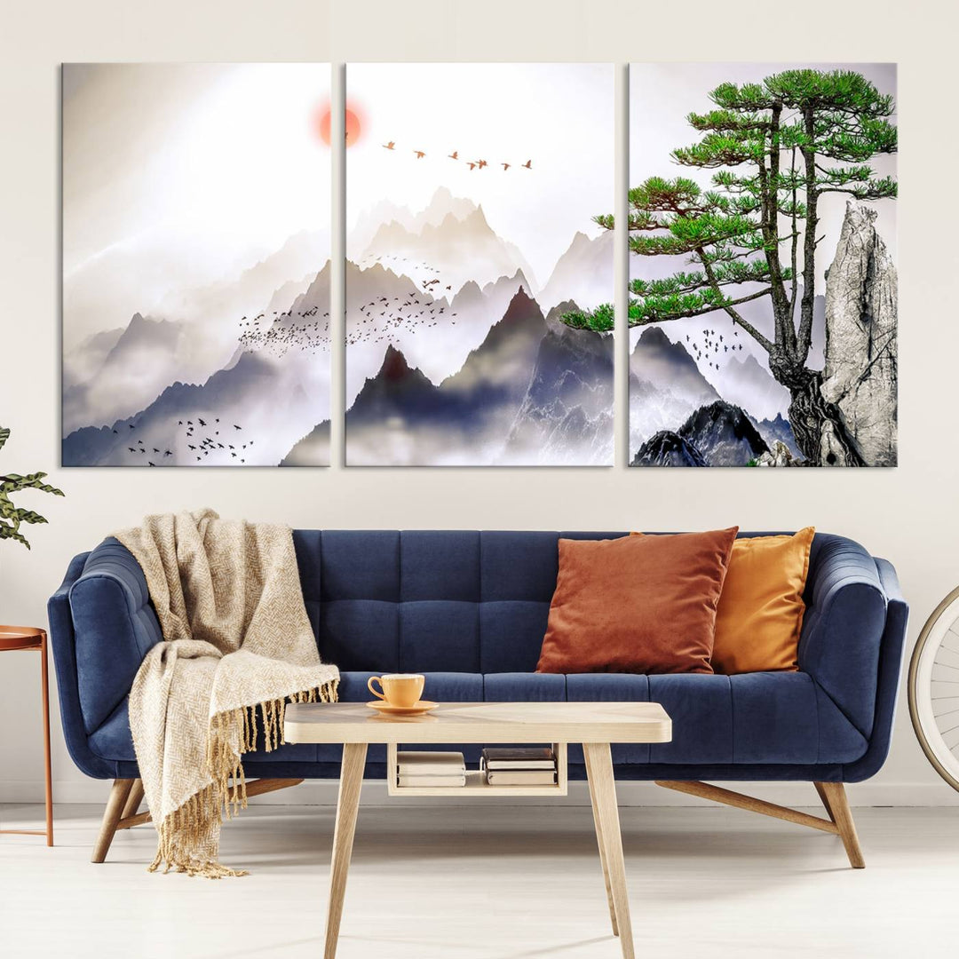 Japanese Tree Mountain Wall Art Canvas Print