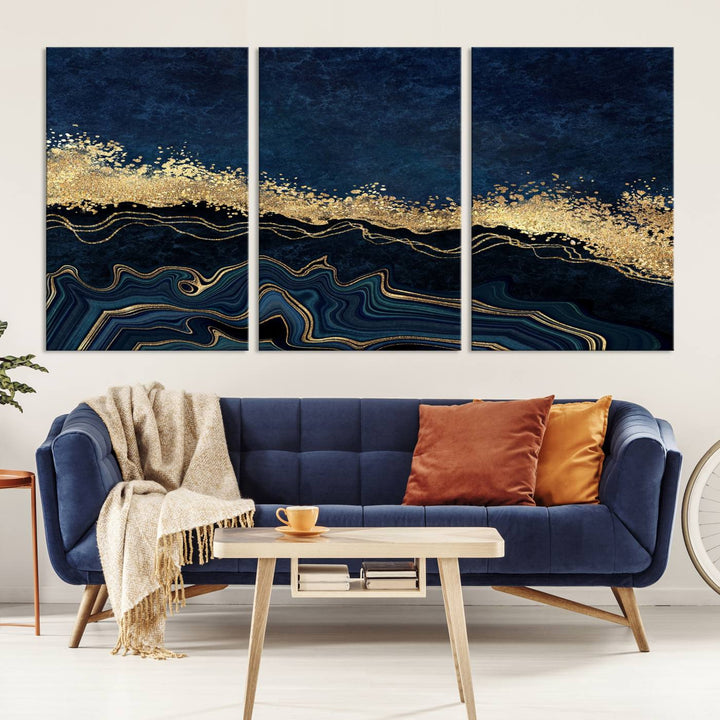 Navy Blue Marble Fluid Effect Large Wall Art Modern Abstract Canvas Wall Art Print