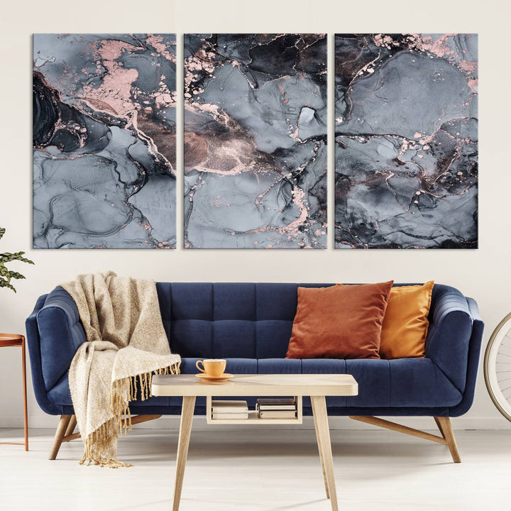 Impresión de arte de pared grande con efecto fluido de mármol gris y oro rosa, lienzo abstracto moderno