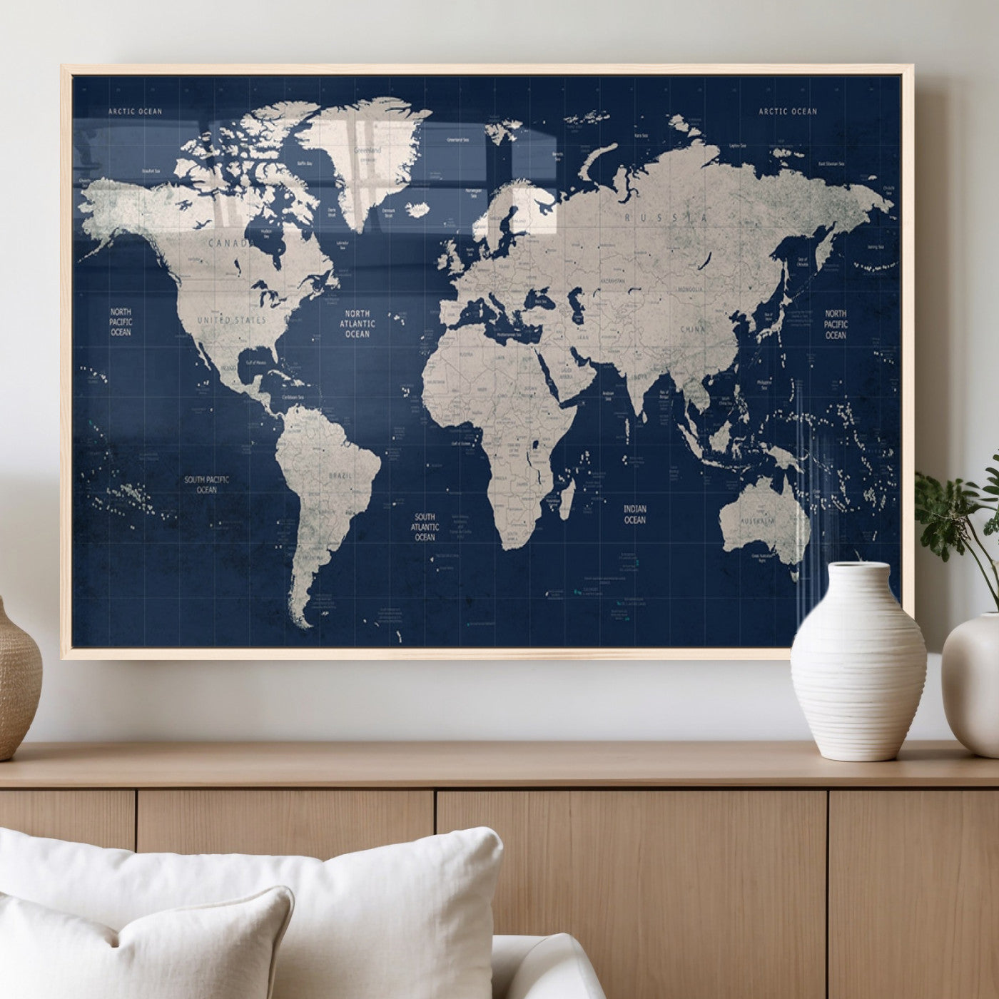 17866-MGV-FP-60X30-3P_Natural-Push Pin World Map Canvas Print – Framed Wall Art for Couples to Track Their Travels – Anniversary